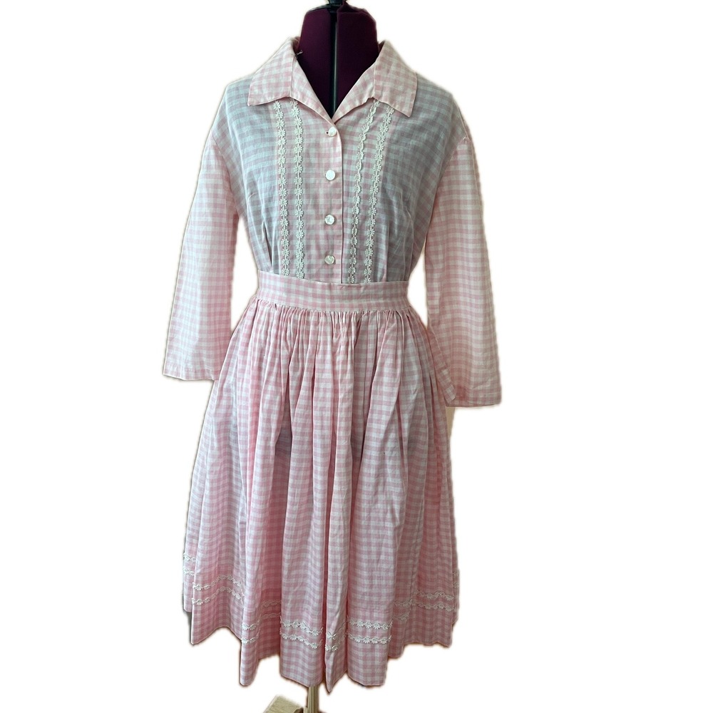 Handmade Vintage 60s Pink Gingham Two Piece Set Floral Lace Cottagecore Sz S